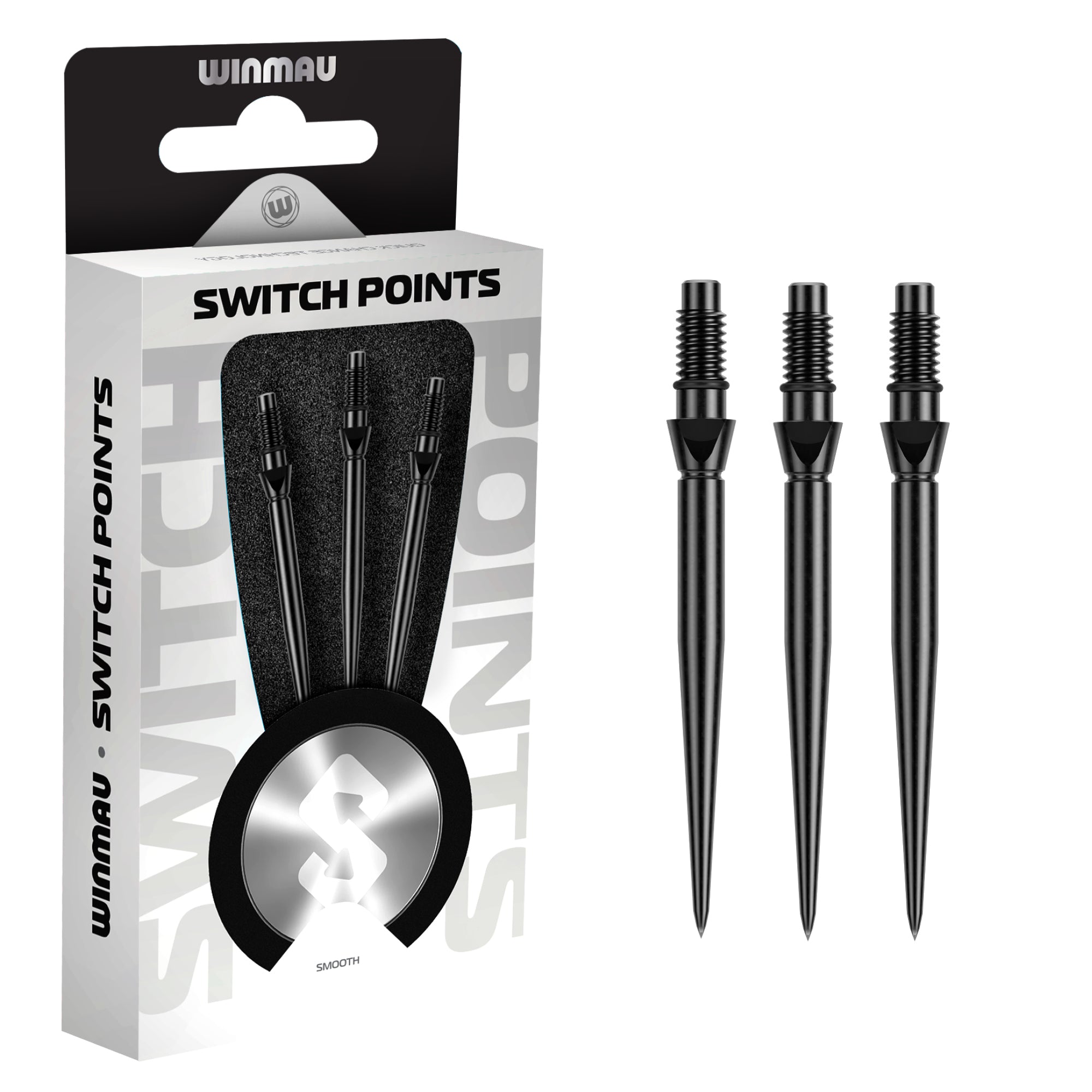 Winmau switch points packaging with three black darts on a white background