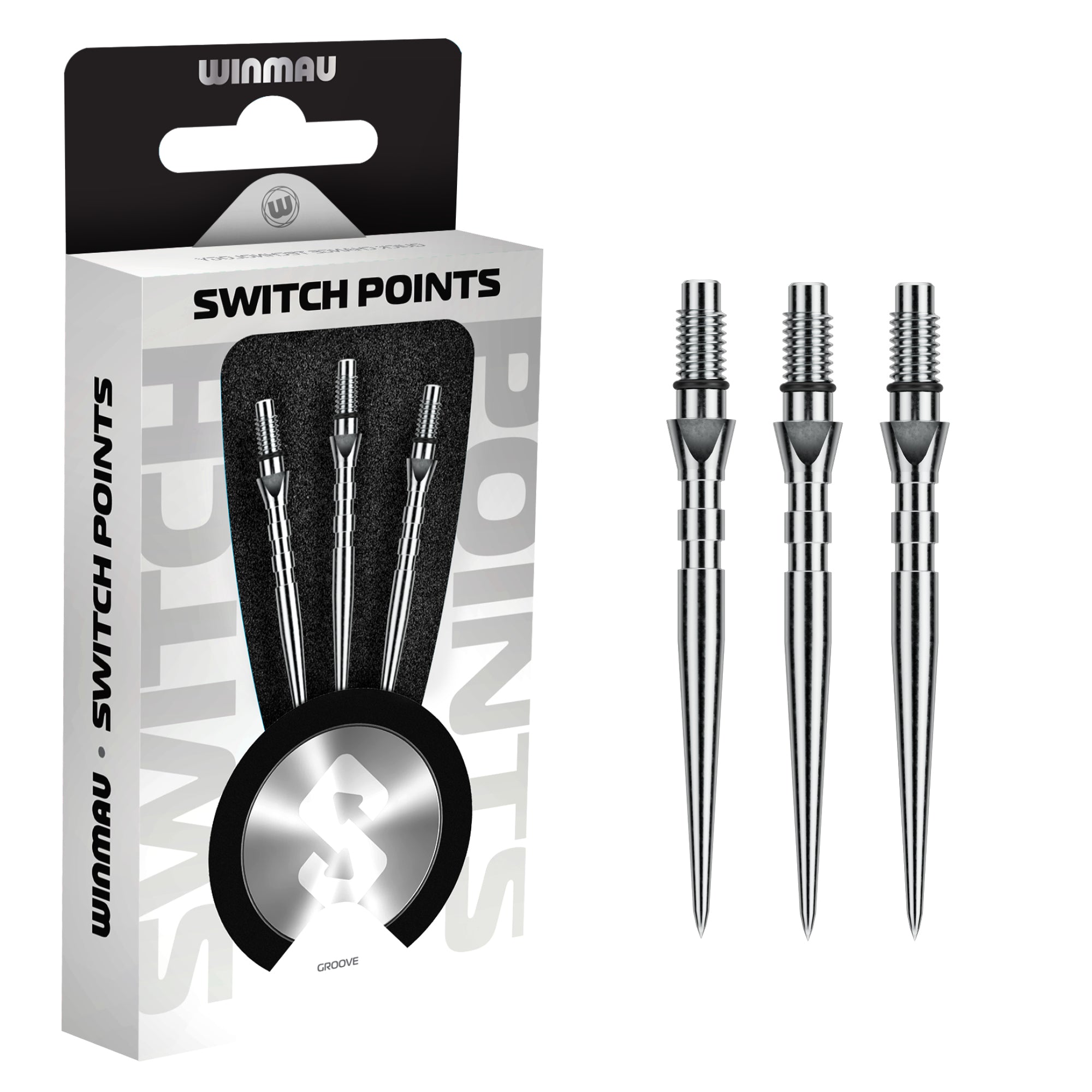 Winmau switch points packaging with three metal darts on a white background