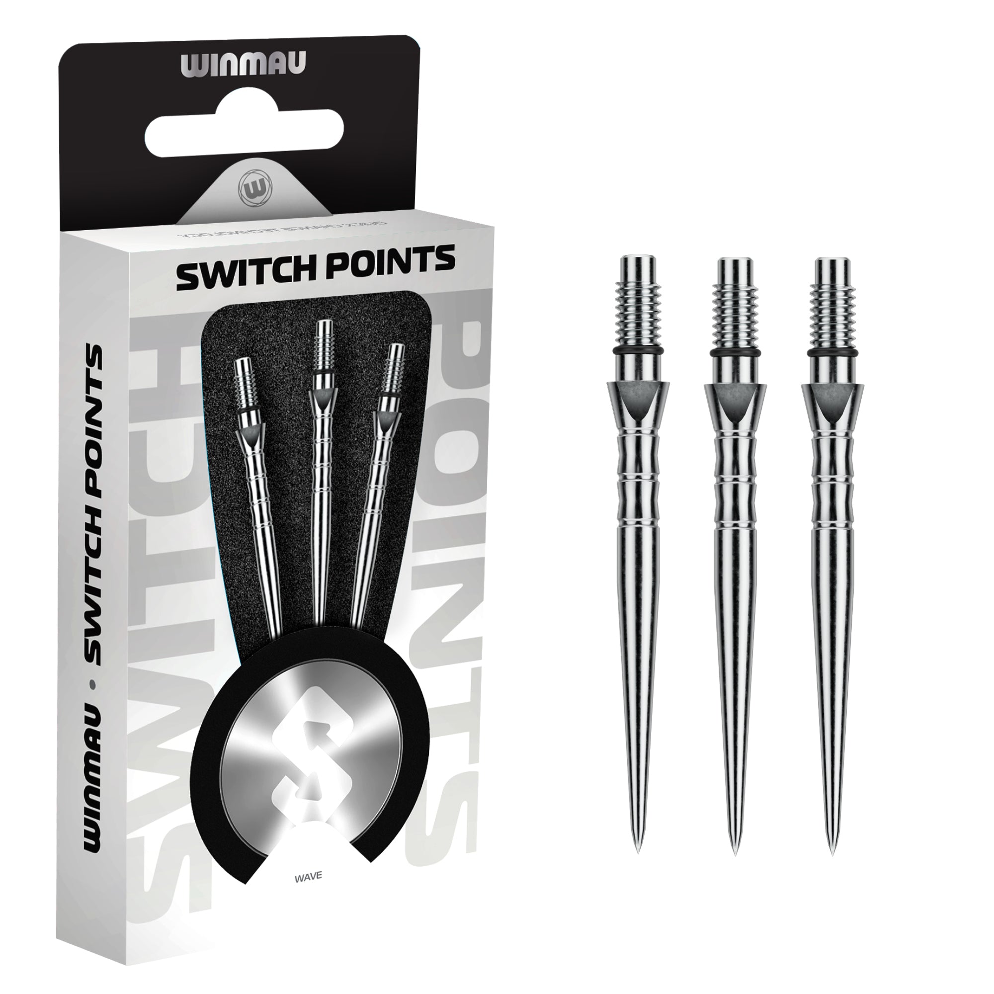 Winmau switch points packaging with three Winmau Switch Points Wave Silver on a white background