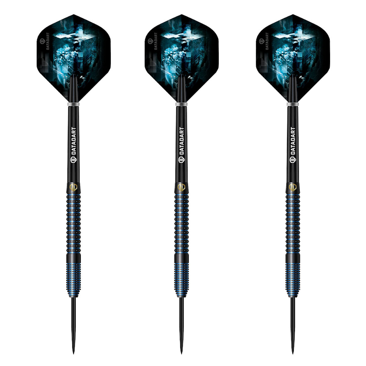 Datadart Shiver 90% Tungsten three darts with blue designs on a white background