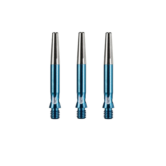Three blue and silver dart shafts on a white background