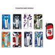 Collection of tungsten dart packages with various designs and a carrying case on a white background.
