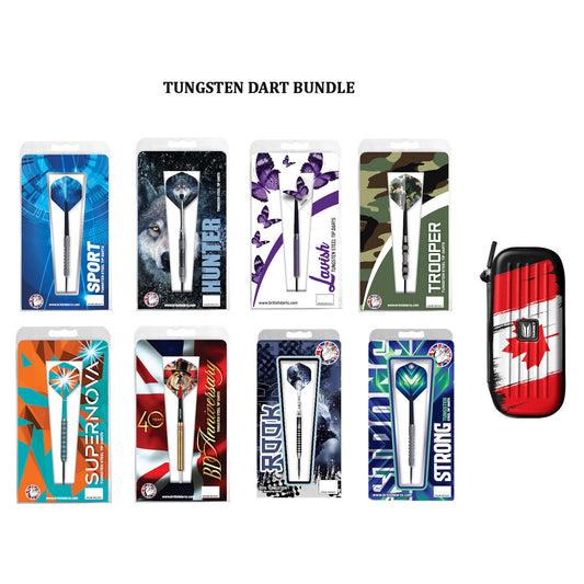 Collection of tungsten dart packages with various designs and a carrying case on a white background.