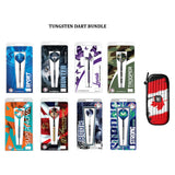 Collection of tungsten dart packages with various designs and a carrying case on a white background.