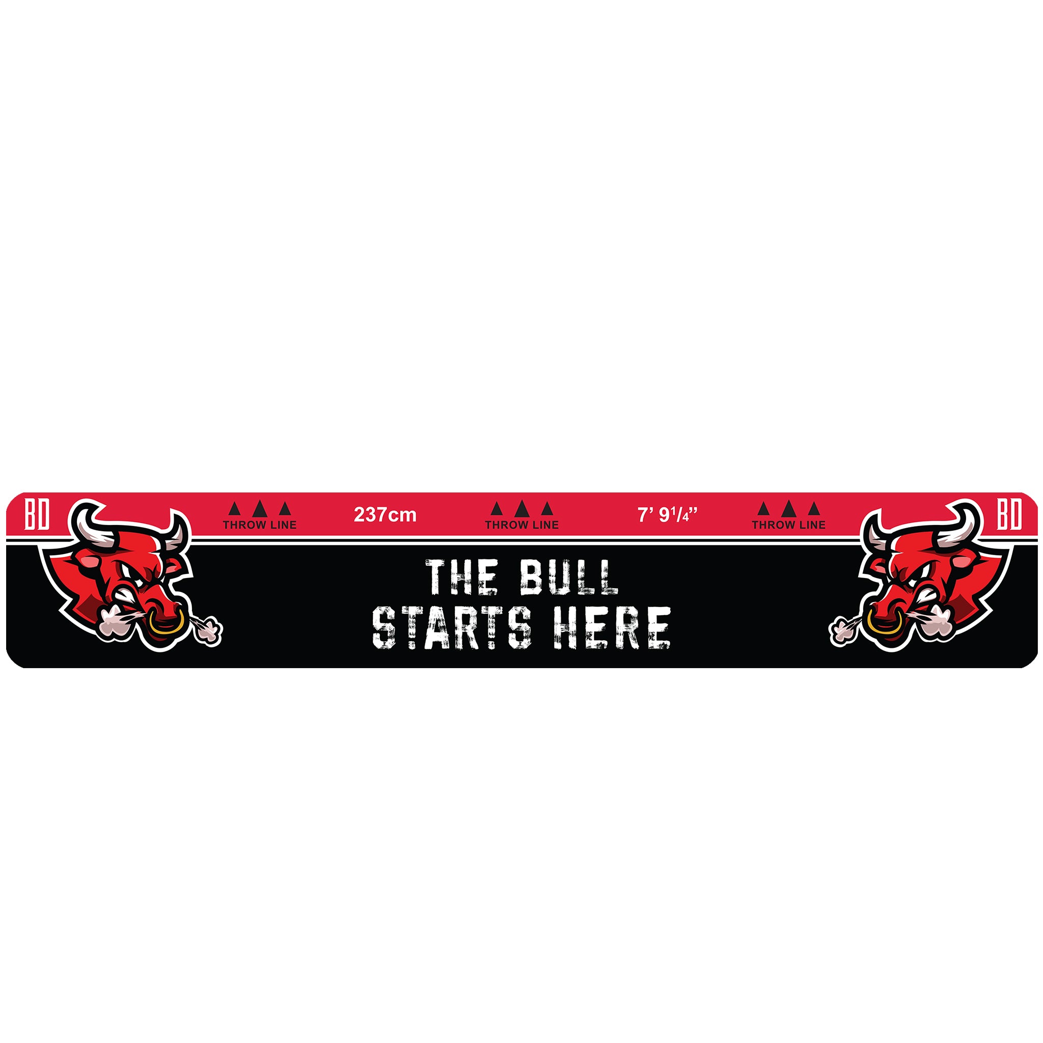 Oche Throw Line with red bull design and text 'The Bull Starts Here' on a black background