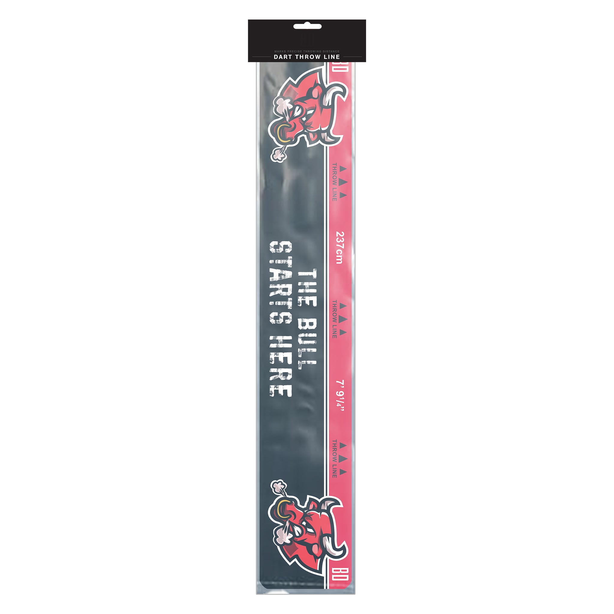 Oche Throw Line with red bull design and text 'The Bull Starts Here' on a black background packaging