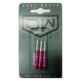 Pack of Dart World top spin shafts with pink and silver design on a green packaging.