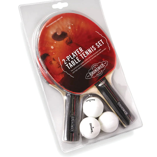 2 Player Brunswick Table Tennis Set includes 2 paddles & 3 table tennis balls. package