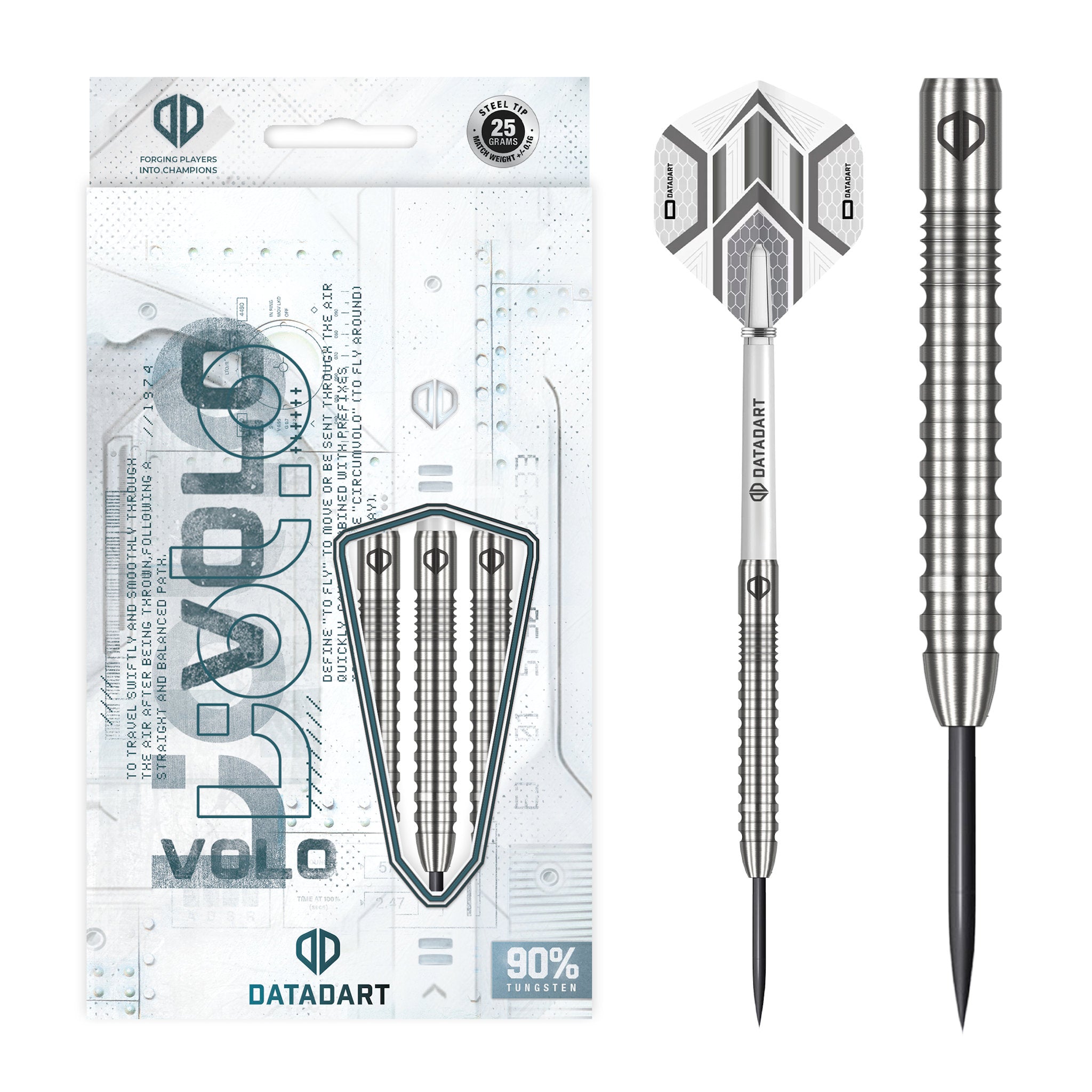 Datadart Volo 90% Tungsten Darts and their packaging with 'Data Dart' branding on a white background