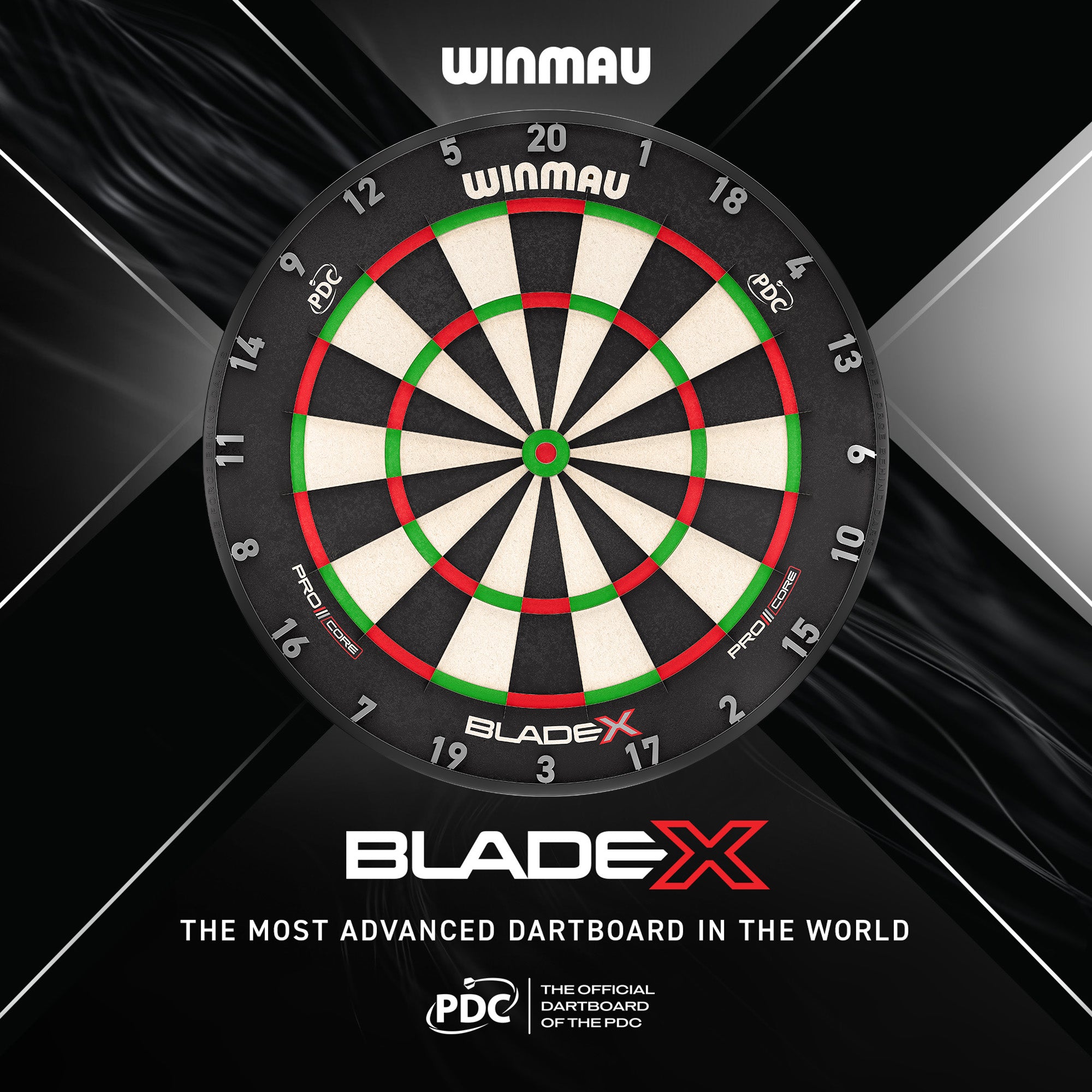 Winmau Blade X Dartboard with Blade X branding on black and grey background