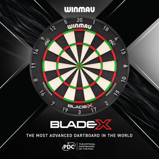 Winmau Blade X Dartboard with Blade X branding on black and grey background