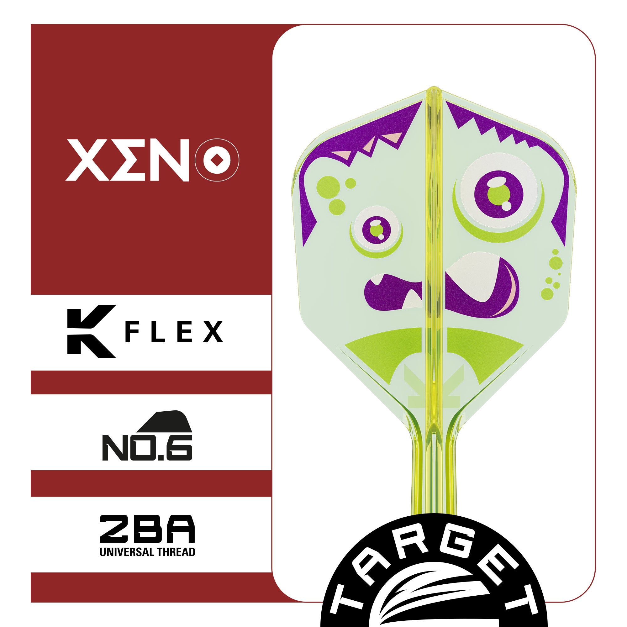 K-Flex No.6 Flight & Shaft Xeno with green and purple design on a white background, featuring 'Xeno', 'K Flex', and 'Target' branding.