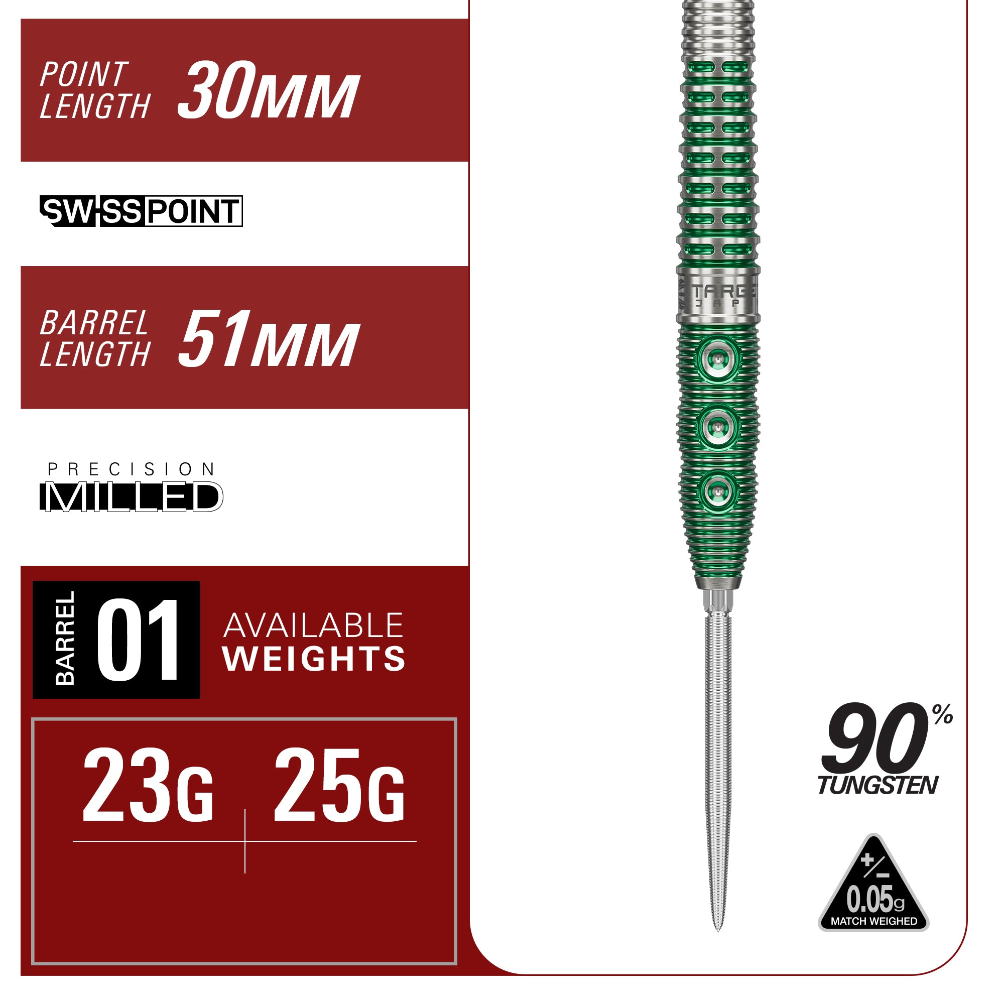 Dart with specifications on a red and white background