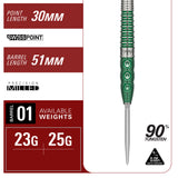 Dart with specifications on a red and white background