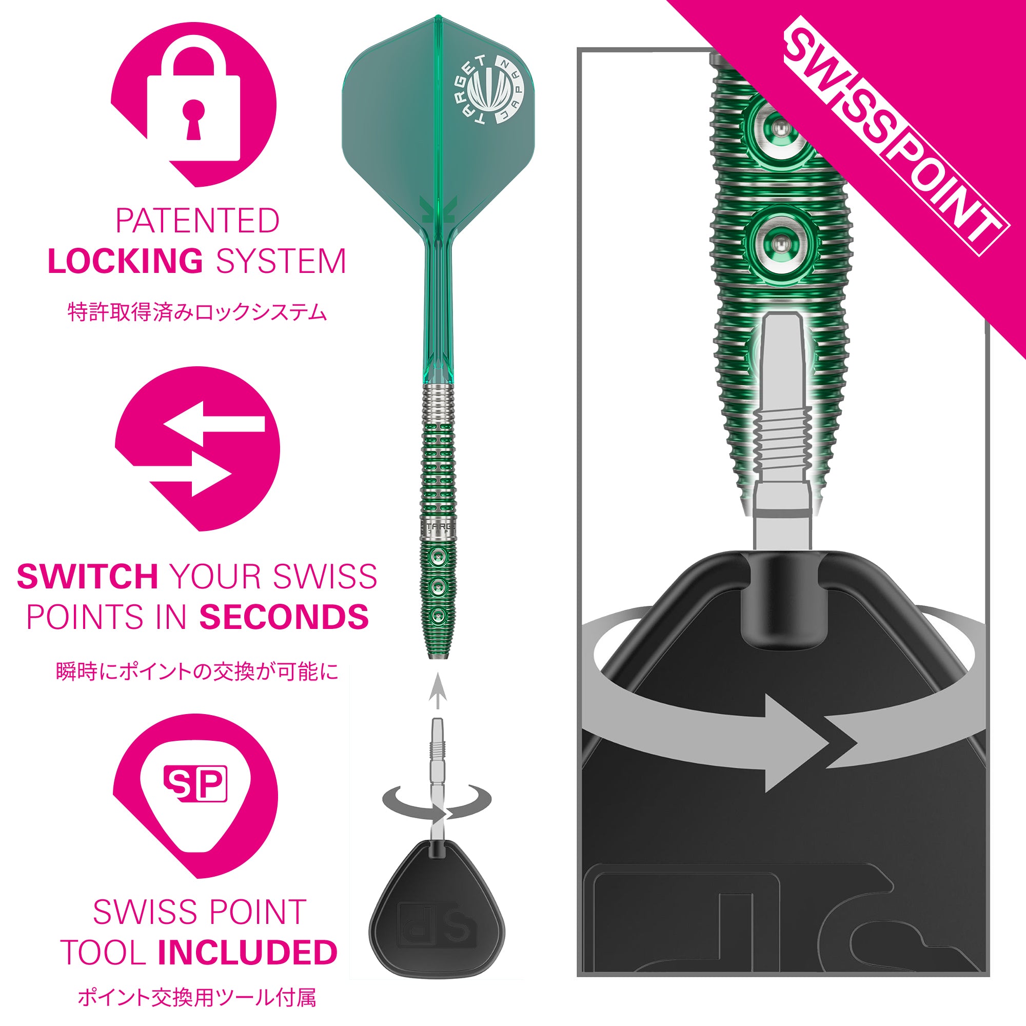 Dart set with green dart, black holder, and Swiss Point branding on a white background.