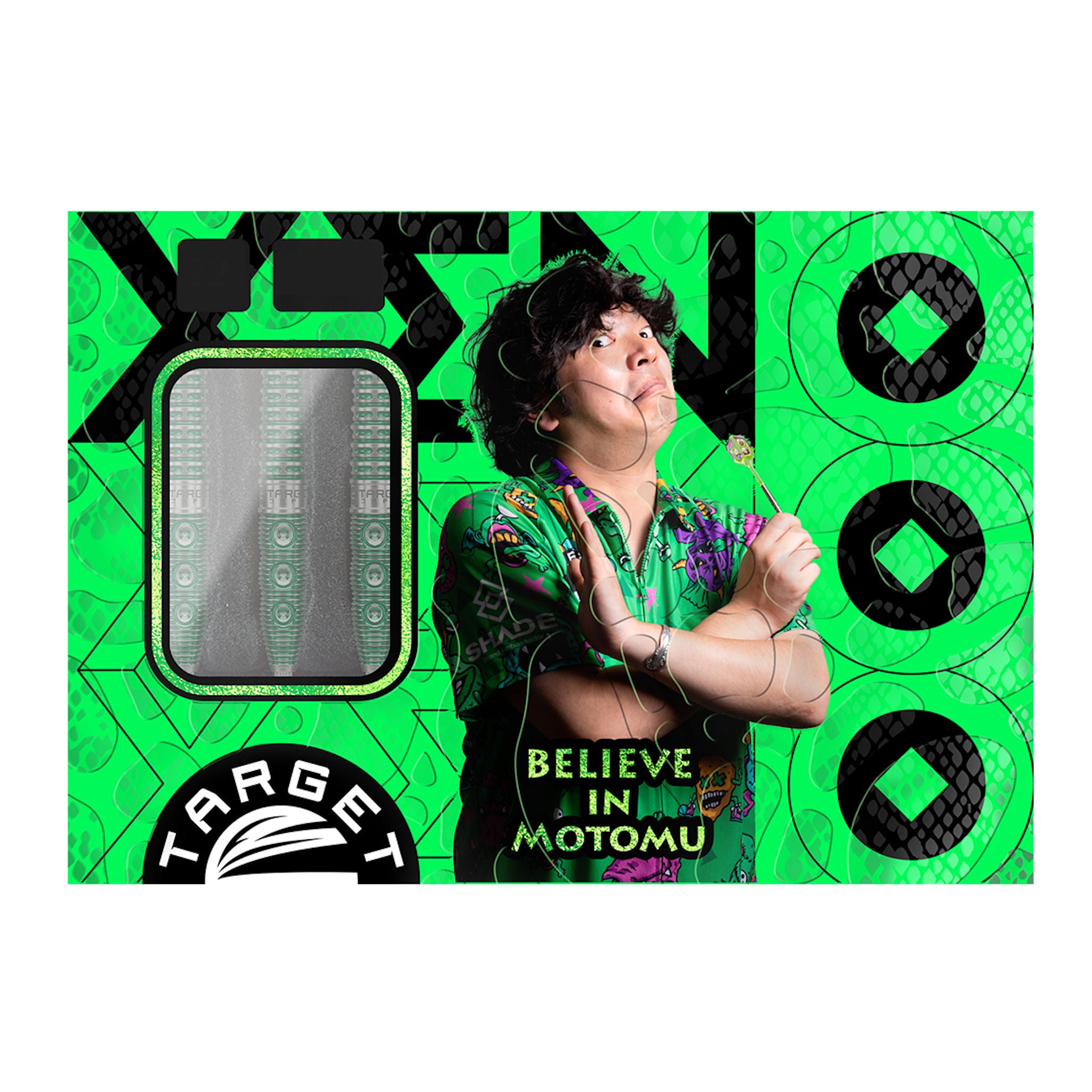 Xeno SP 90% Tungsten darts packaging with Motomu Sakai in a colorful shirt, green background, and 'Target' branding.