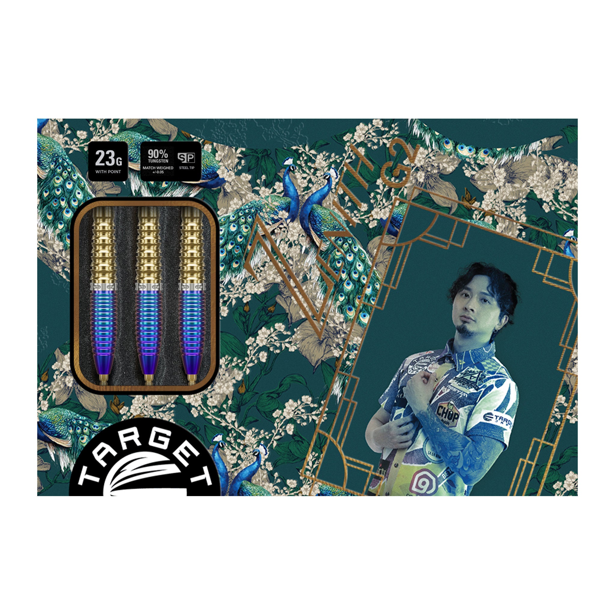 Zenith G2 Ching Ho Tung SP 90% Tungsten with Target branding on a decorative box background featuring Ching Ho Tung holding darts.