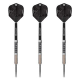 Datadart Zelos 95% Tungsten Three black darts with silver tips on a white background