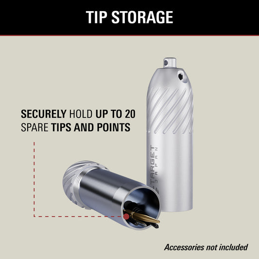 Silver tip storage device with text on a beige background