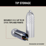 Silver tip storage device with text on a beige background