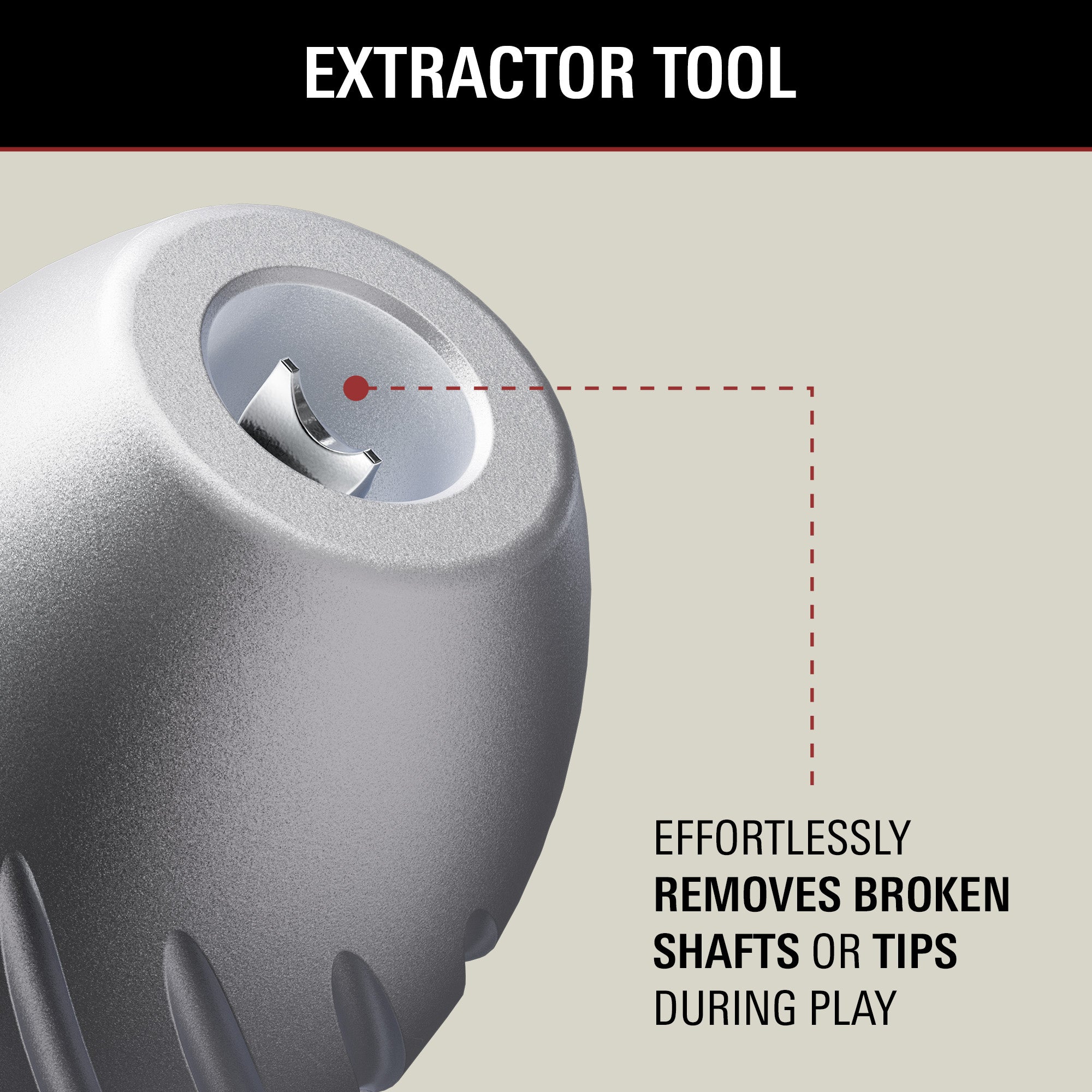 Extractor tool for dart shafts with text on a beige background