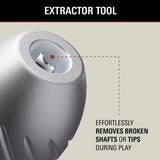 Extractor tool for dart shafts with text on a beige background