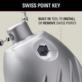 Metal tool with a hexagonal head labeled 'Swiss Point Key' on a beige background.