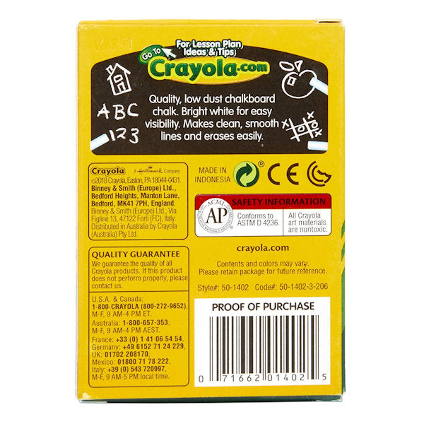 Crayola Nontoxic Anti-Dust Chalk, White 12 back side of box