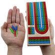 3 Track Cribbage Board with hand showing a close up with the plastic pegs