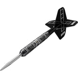 Black and silver darts by Chris Dobey 95K with decorative pattern on a white background