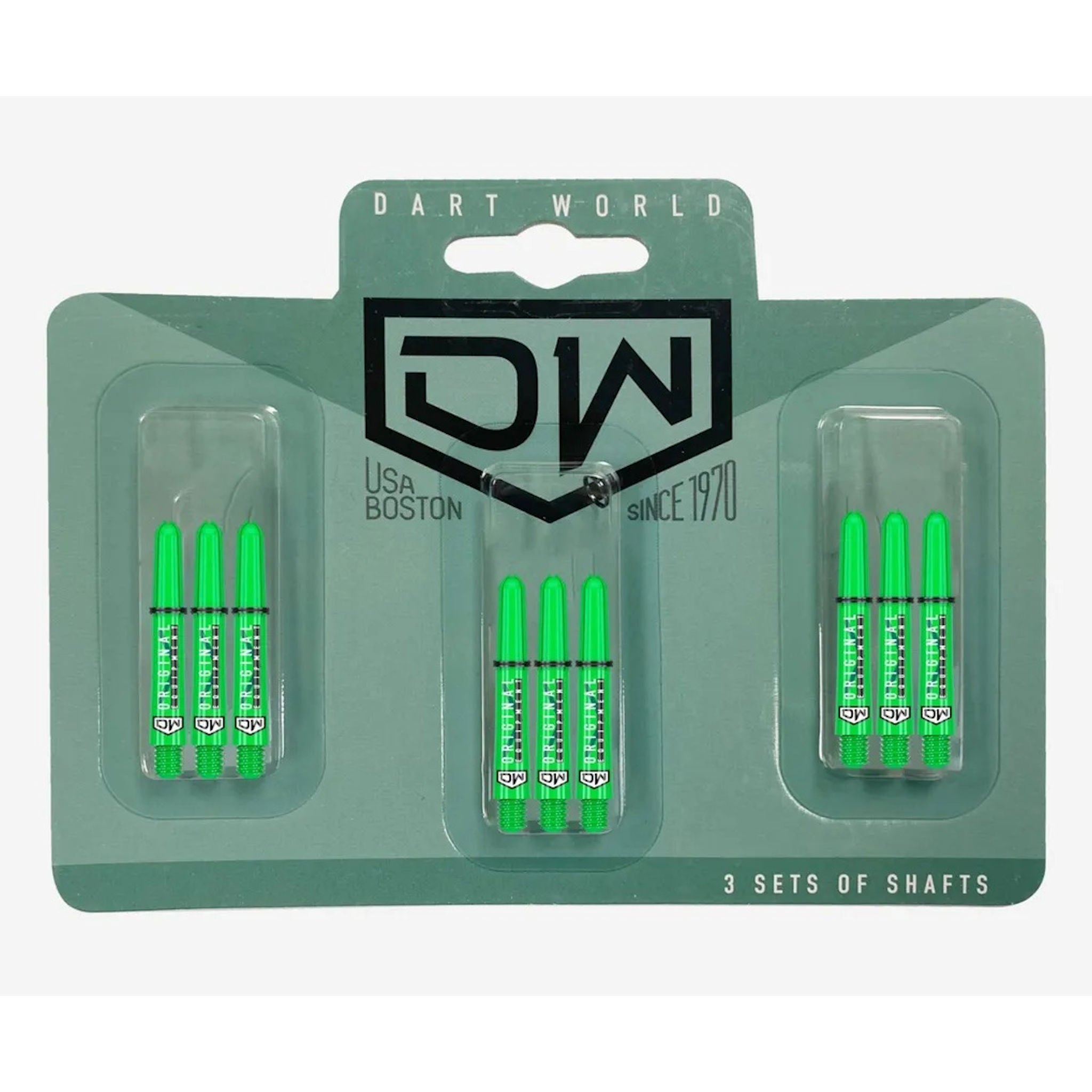 Clinch Nylon Shafts showing three sets of lime green colour shafts in green packaging on white background