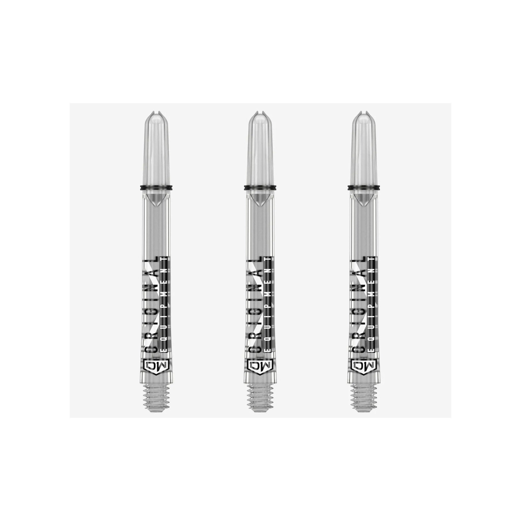 Three clear dart shaft with black printed markings , arranged vertically on a light gray background.