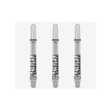 Three clear dart shaft with black printed markings , arranged vertically on a light gray background.