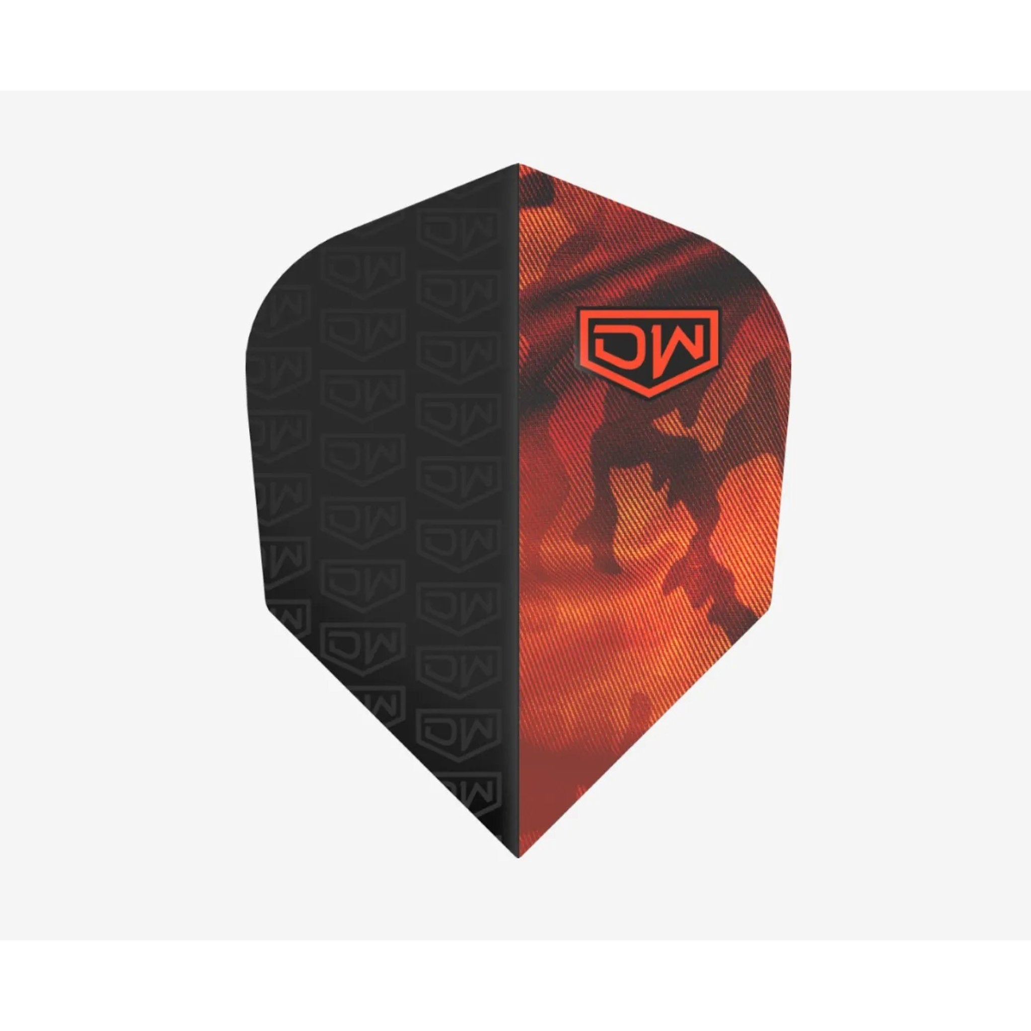 A dart flight with a split design: the left half is black with a subtle repeating logo pattern, and the right half is a fiery red-orange gradient with a dark silhouette and a prominent orange-red 'DW' logo near the top.