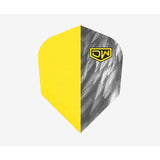 The distinctive pewter and yellow flight with DW branded on the pewter side of the flight