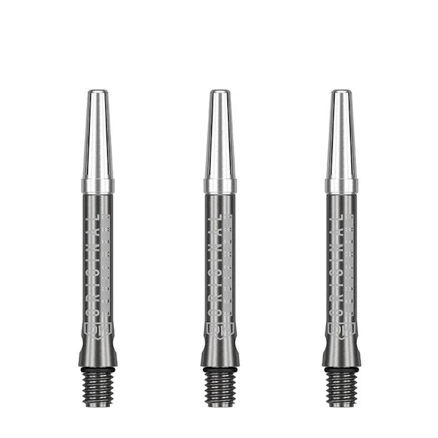 Three DW Top Spin V2 Shafts gun metal and silver dart shafts on a white background