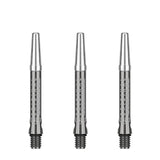 Three DW Top Spin V2 Shafts gun metal and silver dart shafts on a white background