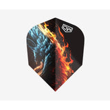 A dart flight featuring a design with a blue ice dragon on the left and orange fire on the right, set against a plain light gray background.