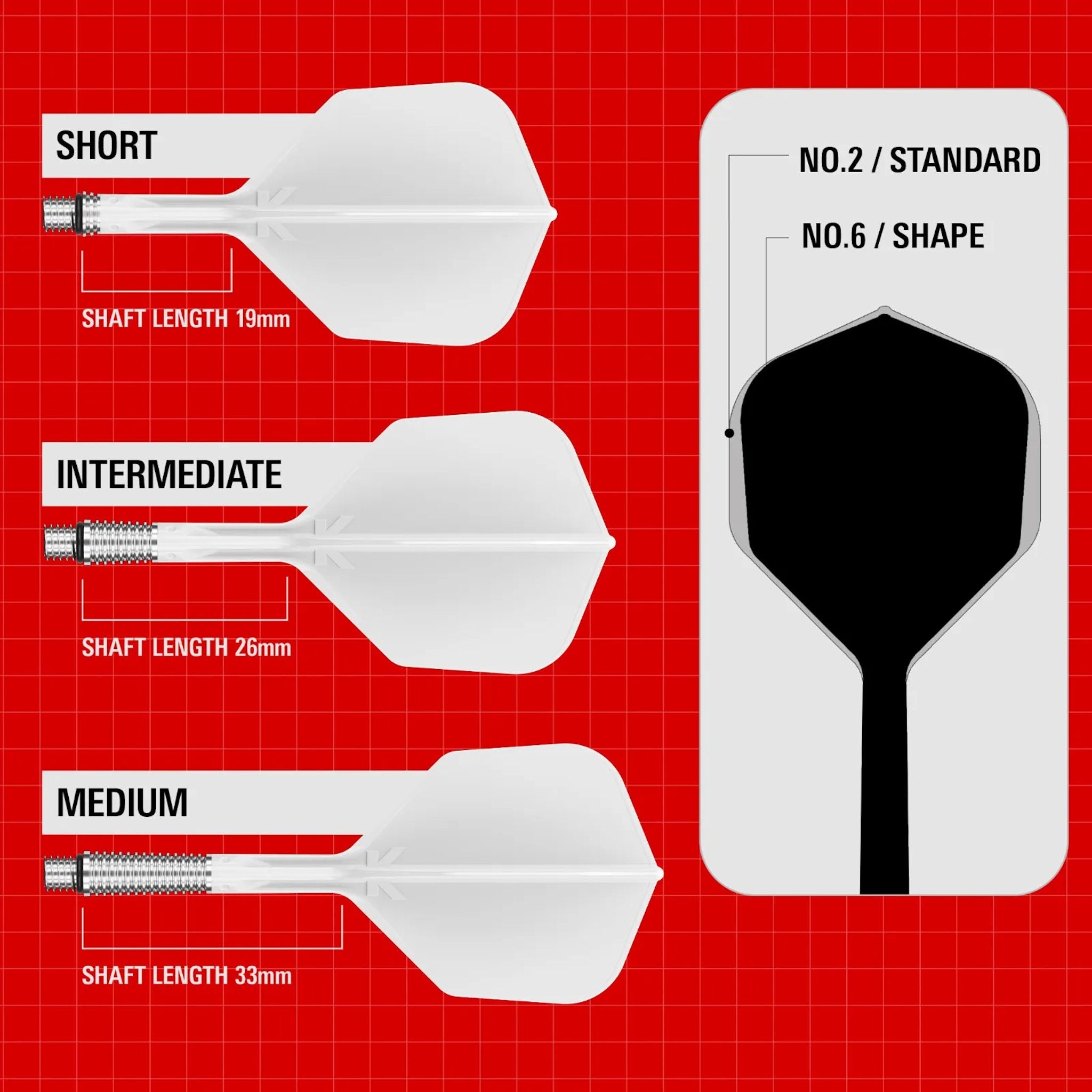 Illustrations of different lengths of darts on a red grid background