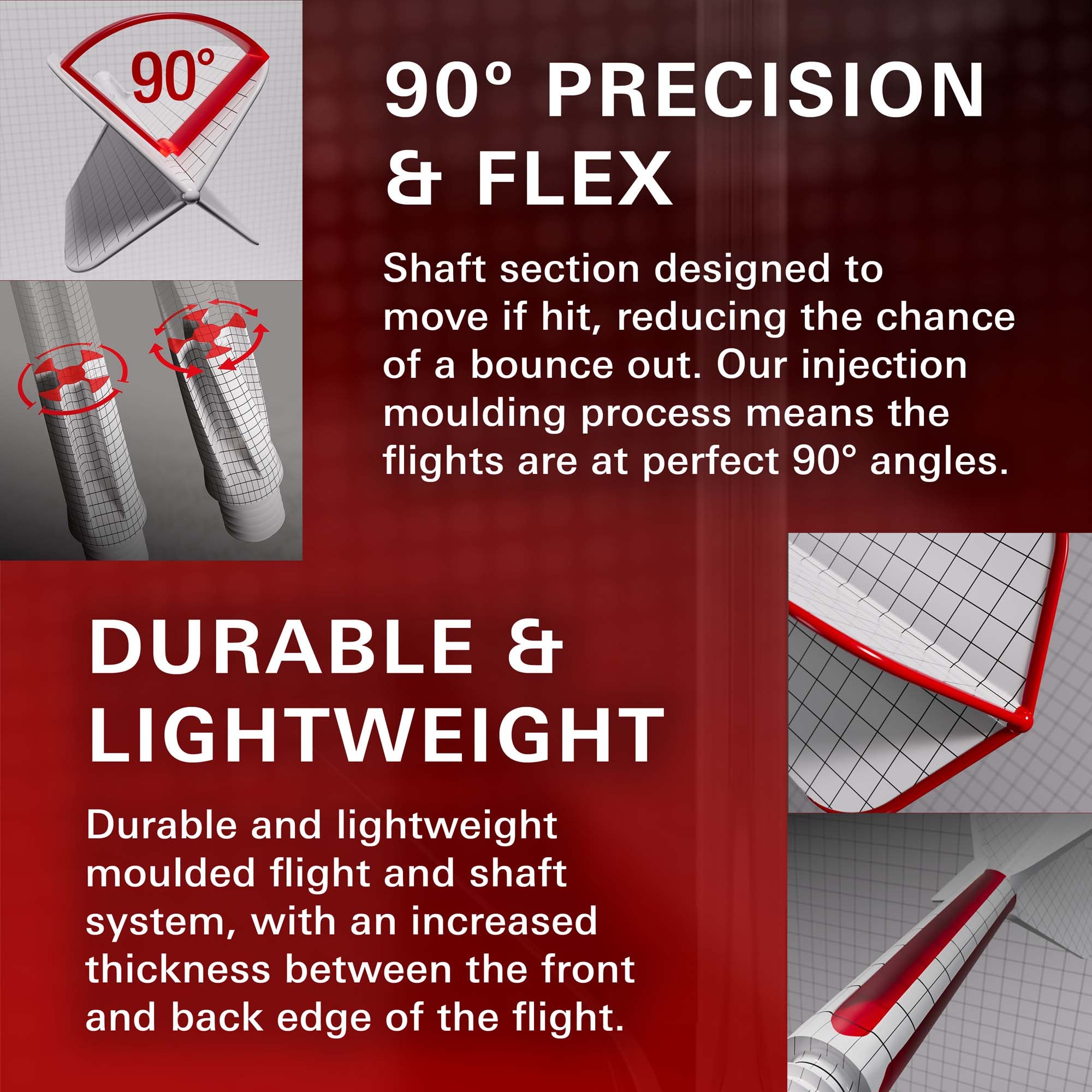 Product advertisement highlighting 90-degree precision, durability, and lightweight design with text and images of a shaft and flight.