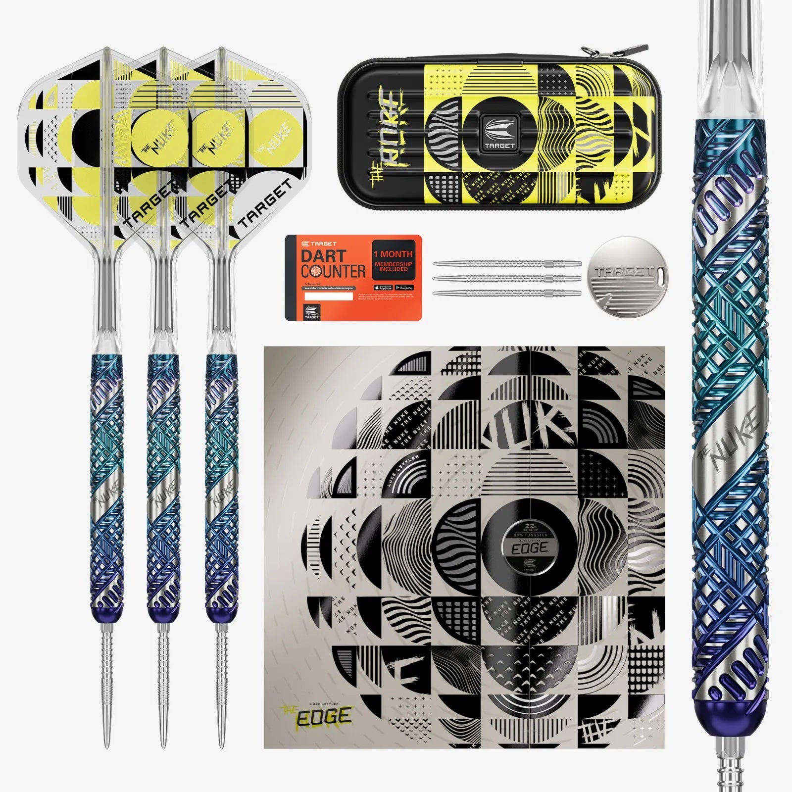Collection of darts, dart counter, and packaging on a white background