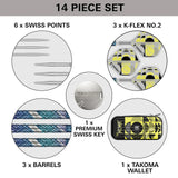 14-piece set with various components including Swiss points, K-Flex No.2, barrels, a premium Swiss key, and a Takoma wallet.