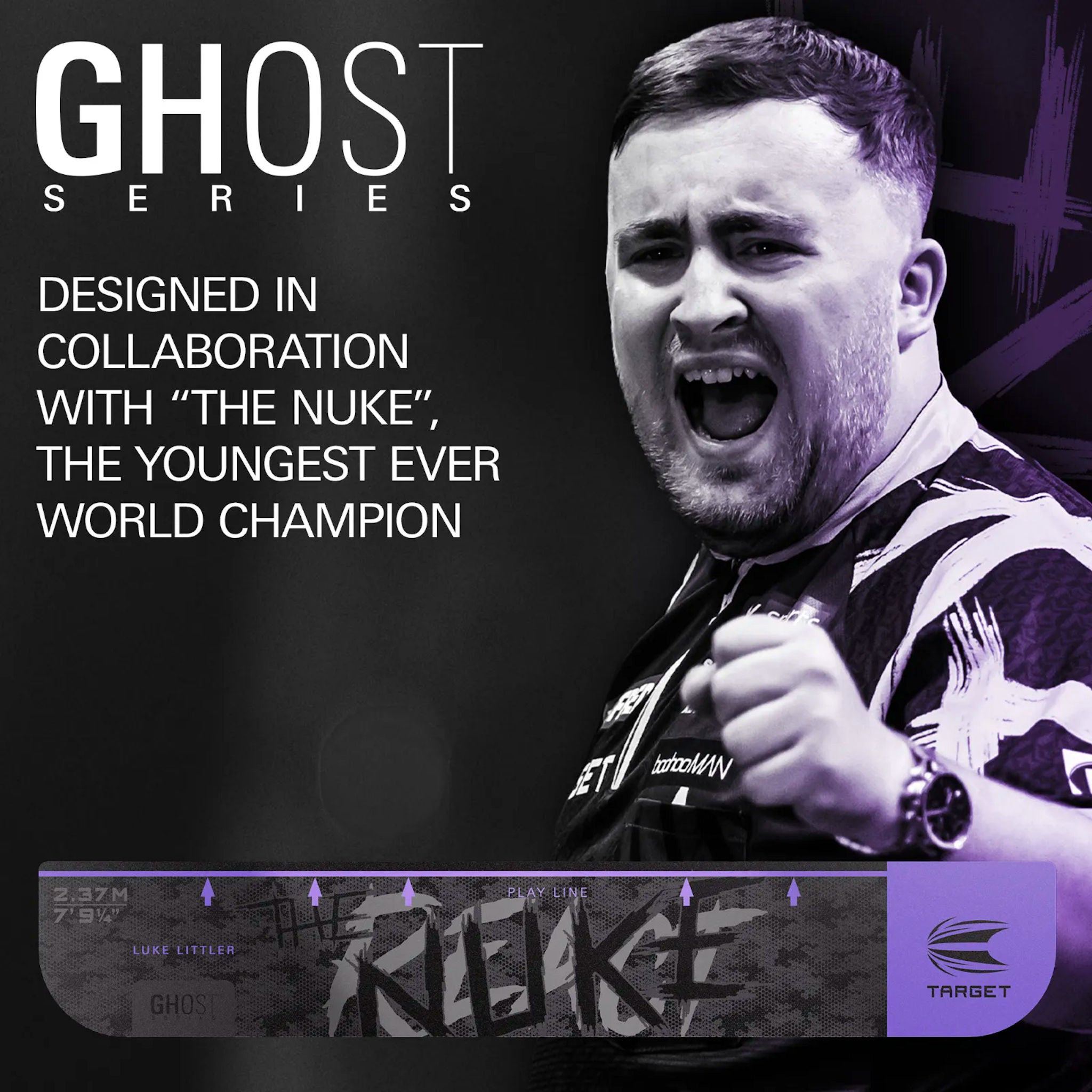 Luke Littler with a championship belt and 'Ghost Series' branding on a dark background