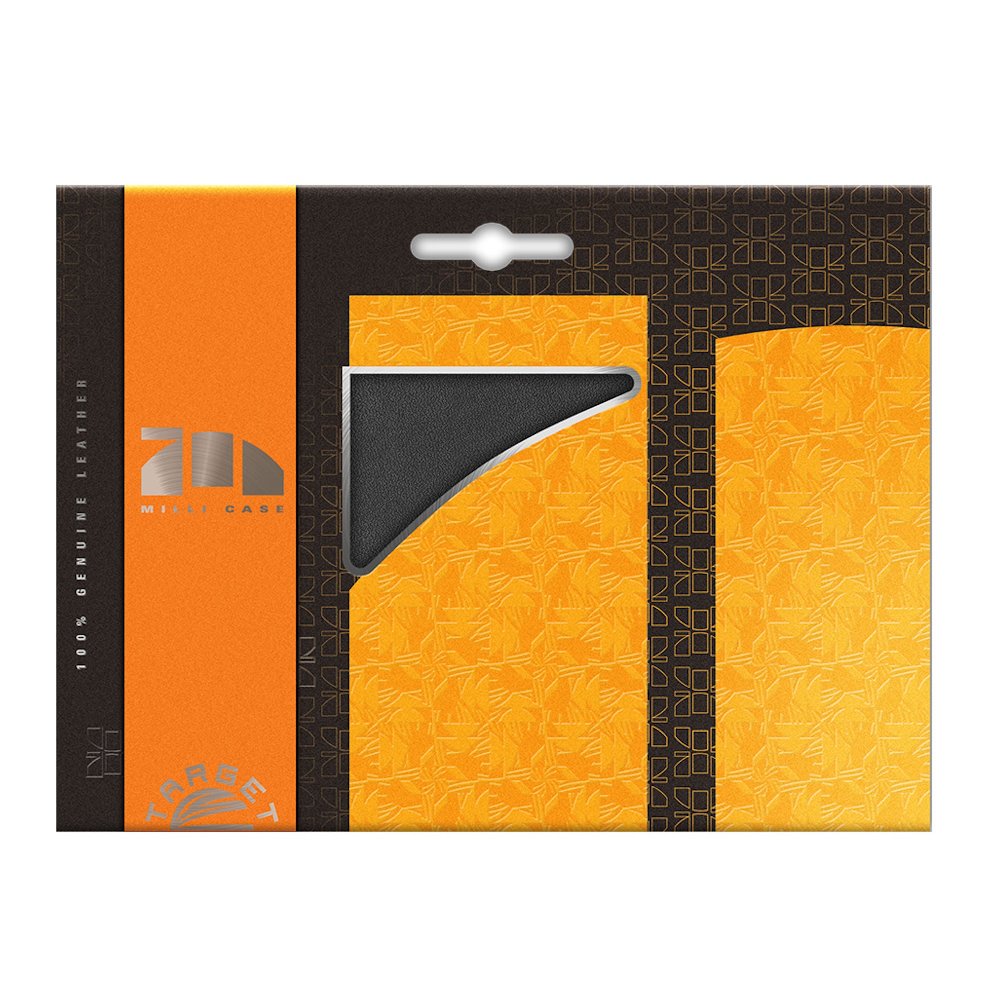 Packaged Target Milli Black Dart Case with orange and black design on a white background