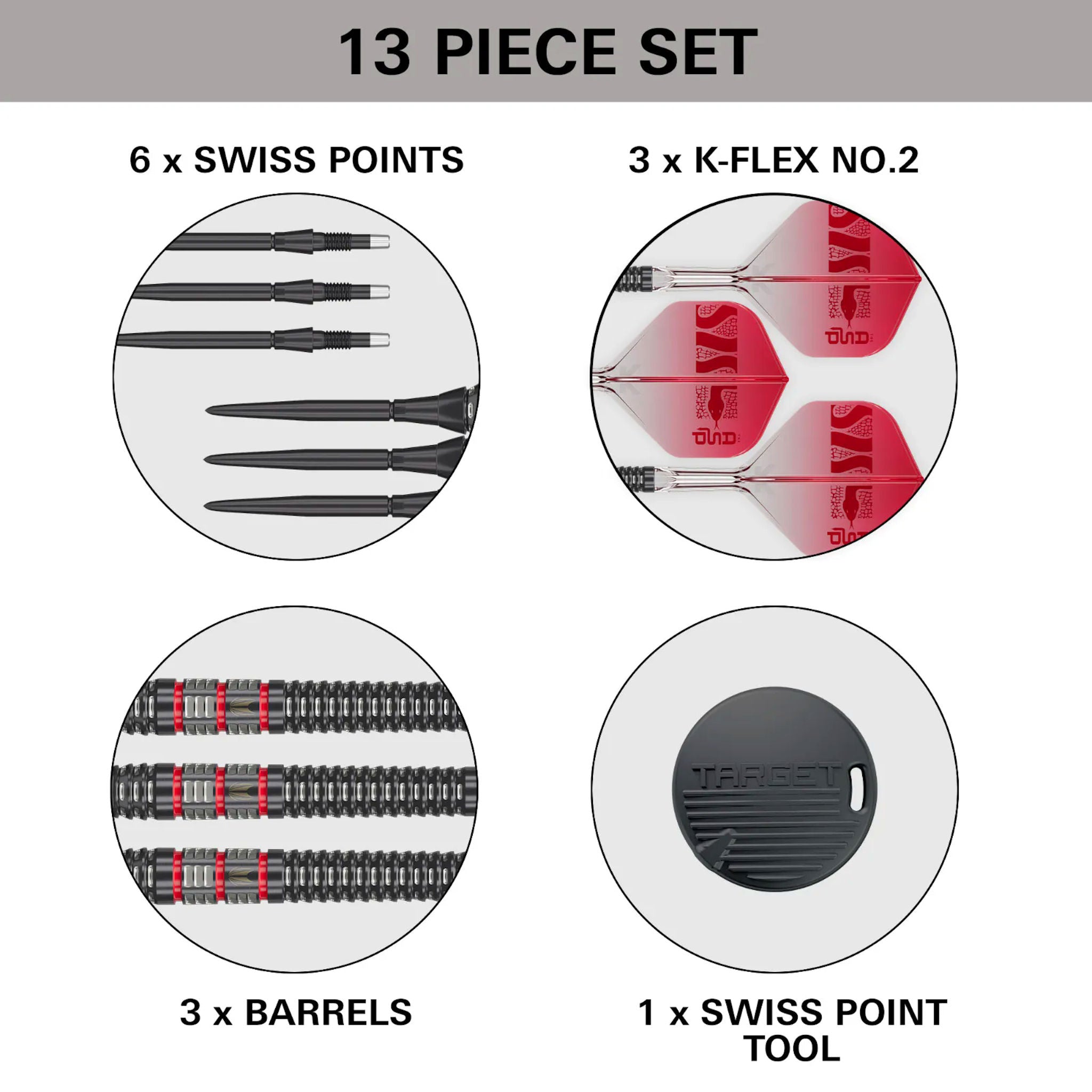 13-piece dart set with components labeled on a white background