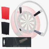 Dartboard with leg protectors and additional components on a white background