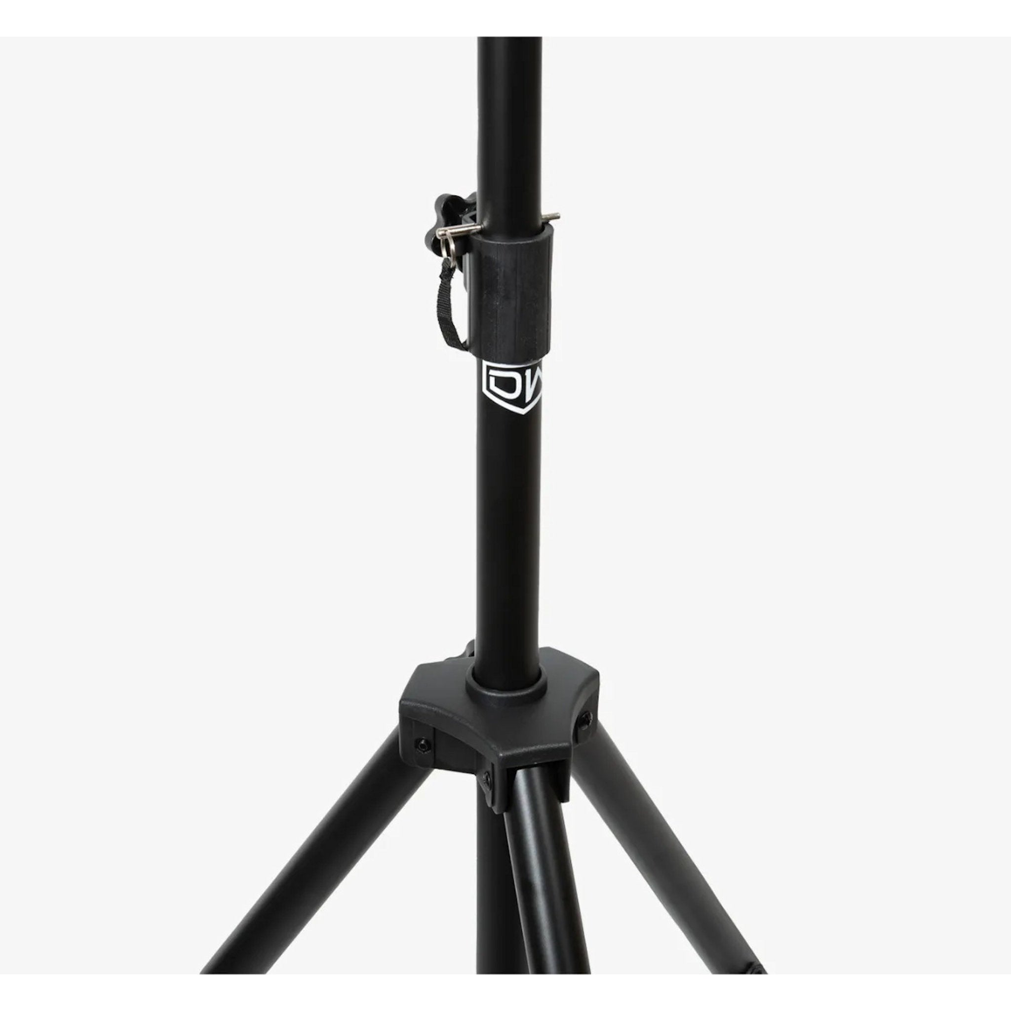 Close-up of Powerplay Portable Dartboard Stand with a central column, adjustment clamp, and a small white logo on a light gray background.