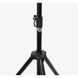 Close-up of Powerplay Portable Dartboard Stand with a central column, adjustment clamp, and a small white logo on a light gray background.