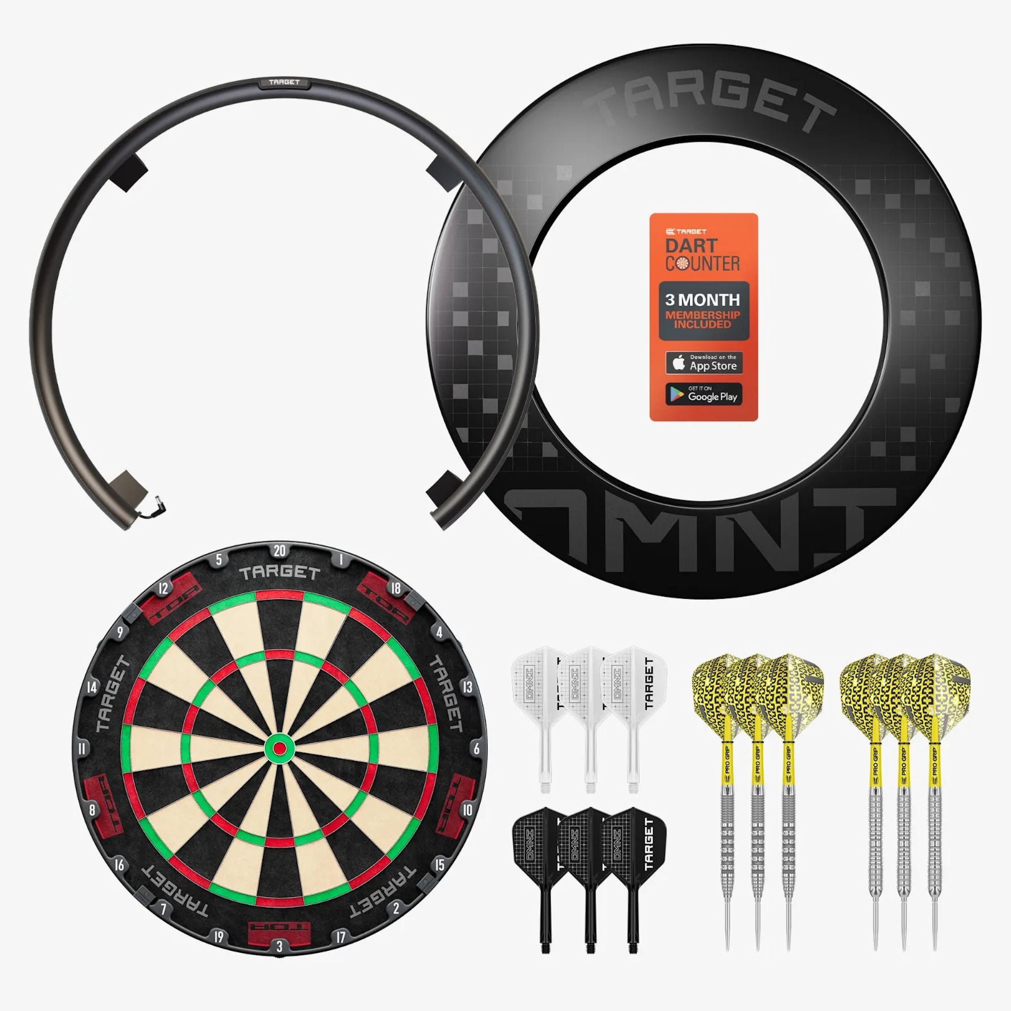 Omni Ultimate home bundles shows what's in the box, omni scoring system, black surround, TOR dartboard, k-flex, Bolide darts and 3 month dart counter app.