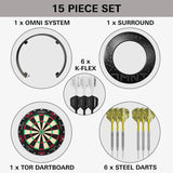 15-piece dart set with components including a dartboard, darts, and accessories on a white background.
